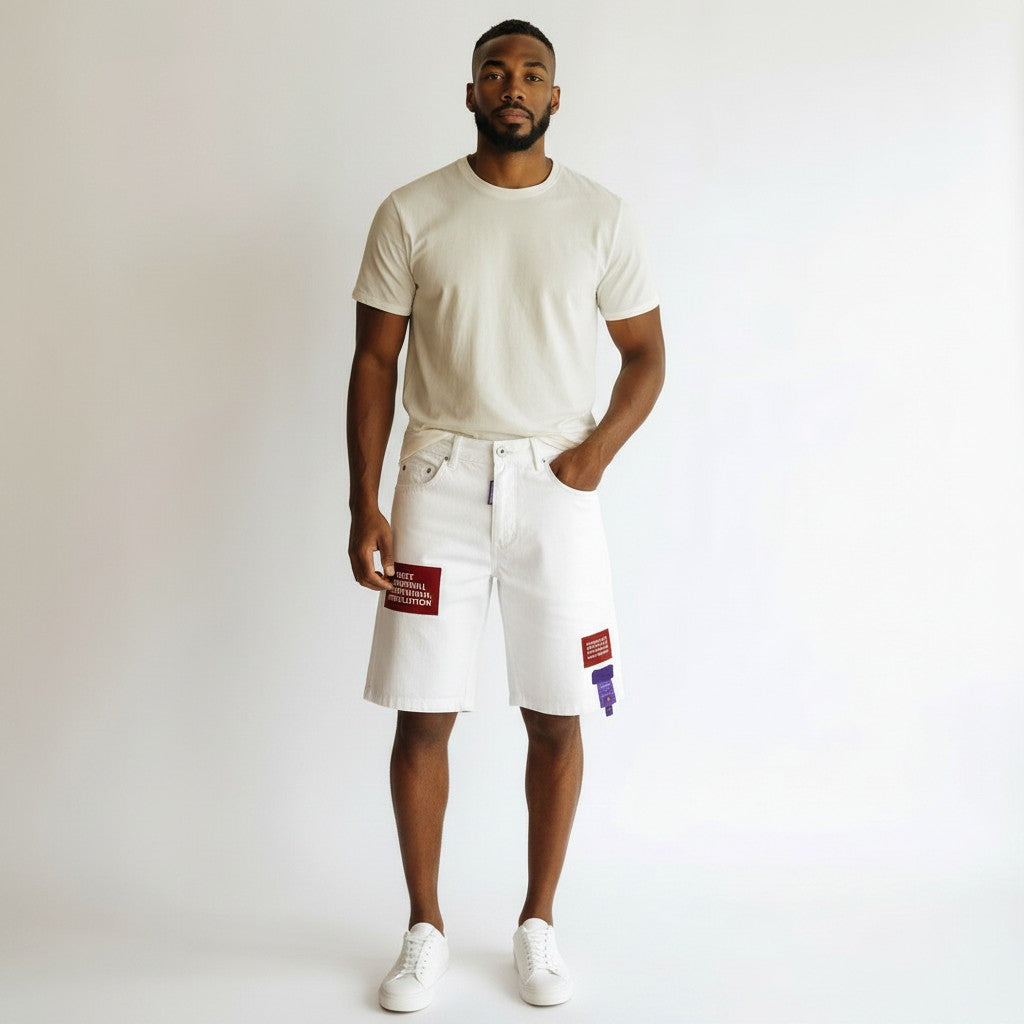 Men's White Cargo Patch Denim Shorts