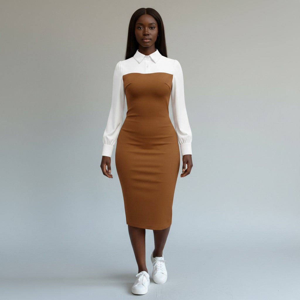 Women's Shirt Collar Two-Tone Layered Bodycon Midi Dress