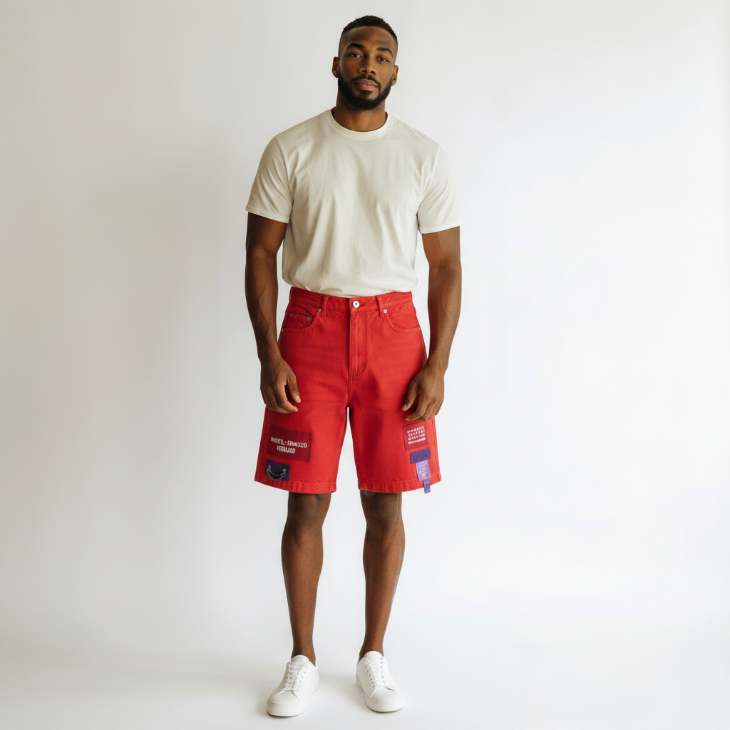 Men's Red Cargo Chain Denim Shorts