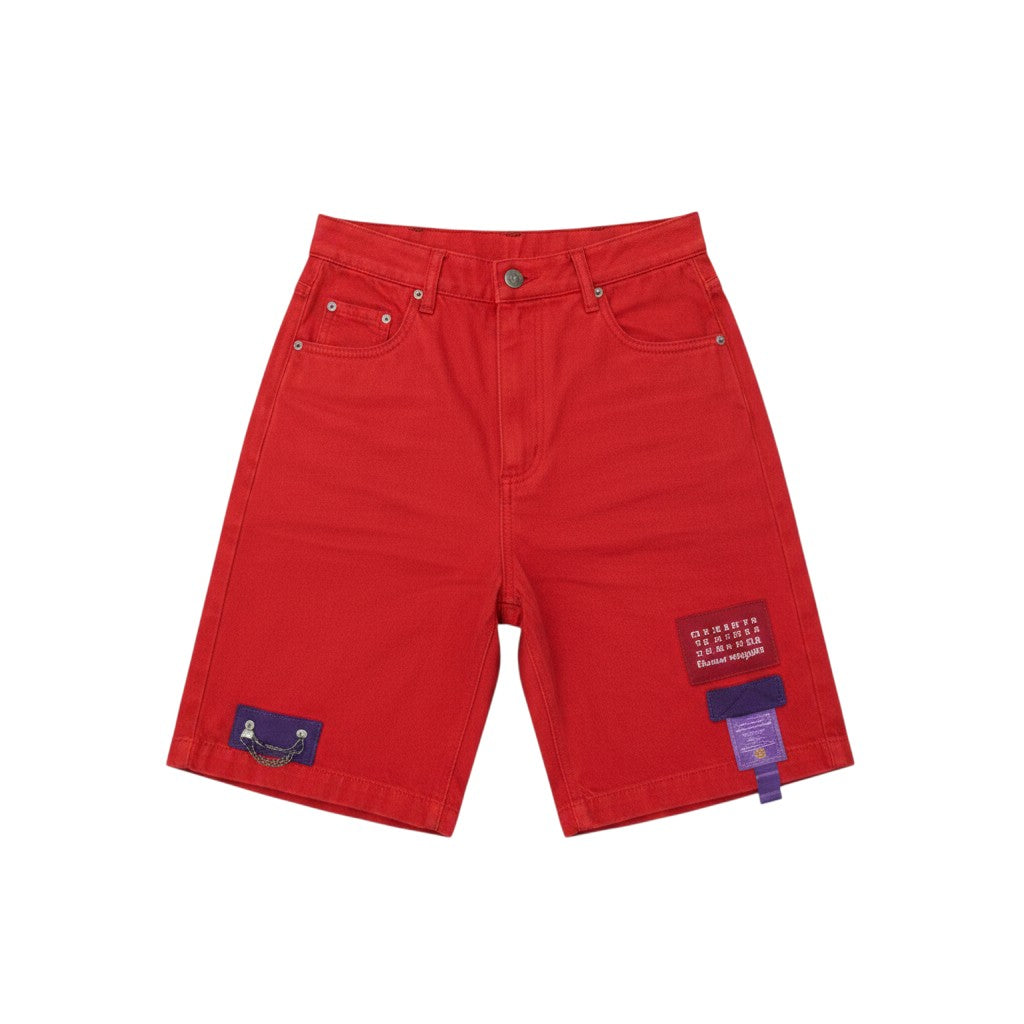 Men's Red Cargo Chain Denim Shorts