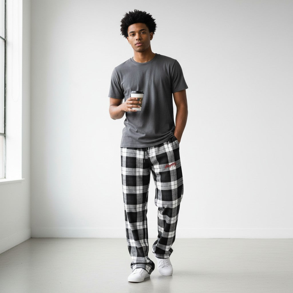 Black & White Plaid Wide-Leg Jogger Pants with Red Embroidery
