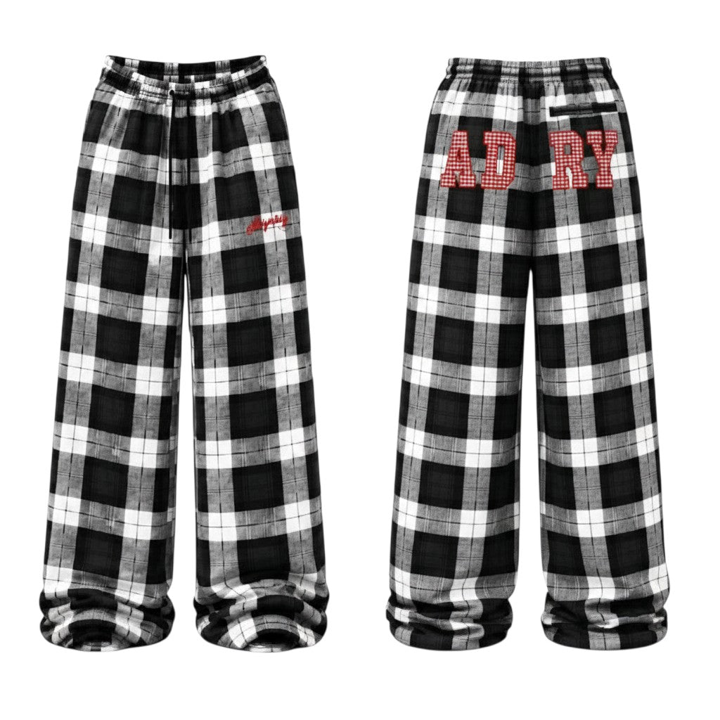Black & White Plaid Wide-Leg Jogger Pants with Red Embroidery