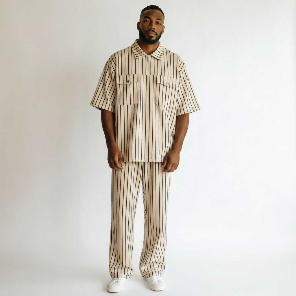 Cream Thin Pinstripe Chest Pocket Polo & Trouser Set