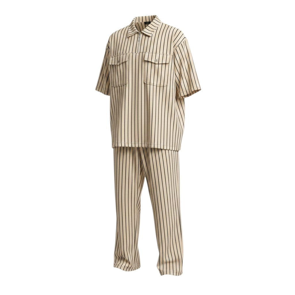 Cream Thin Pinstripe Chest Pocket Polo & Trouser Set
