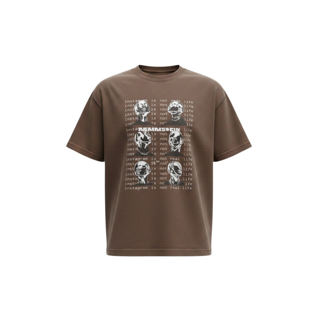 Men's Chocolate Brown Oversized Graphic Tee – Skull Print