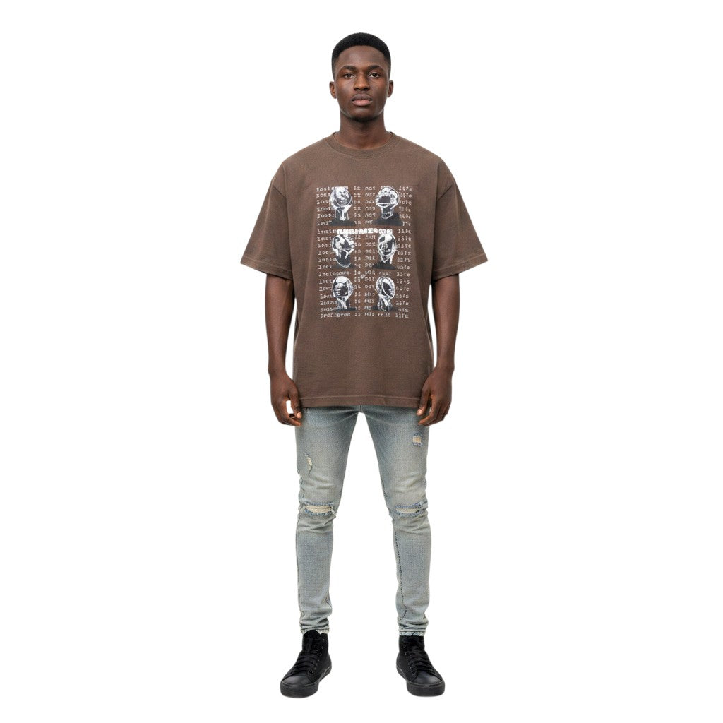 Men's Chocolate Brown Oversized Graphic Tee – Skull Print