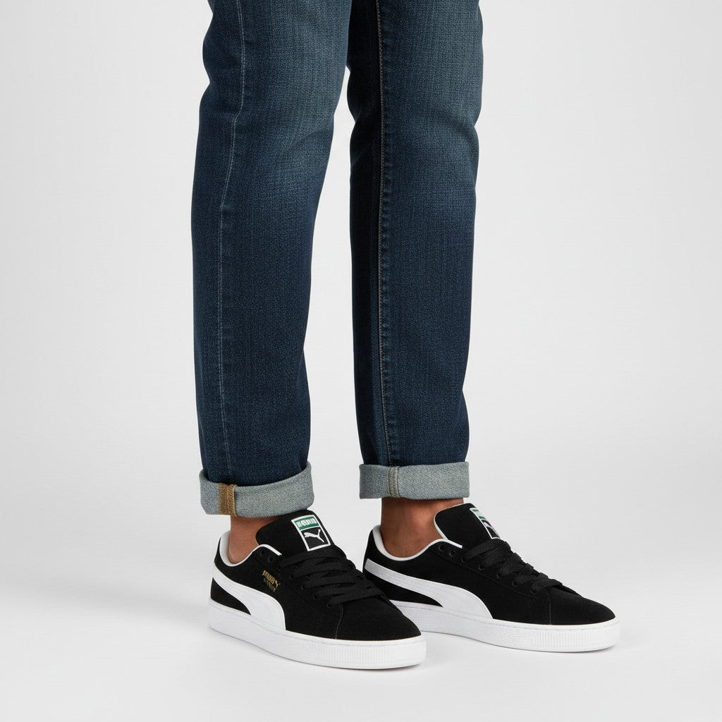 Men's Black Suede Low-Top Retro Sneakers with White Cupsole