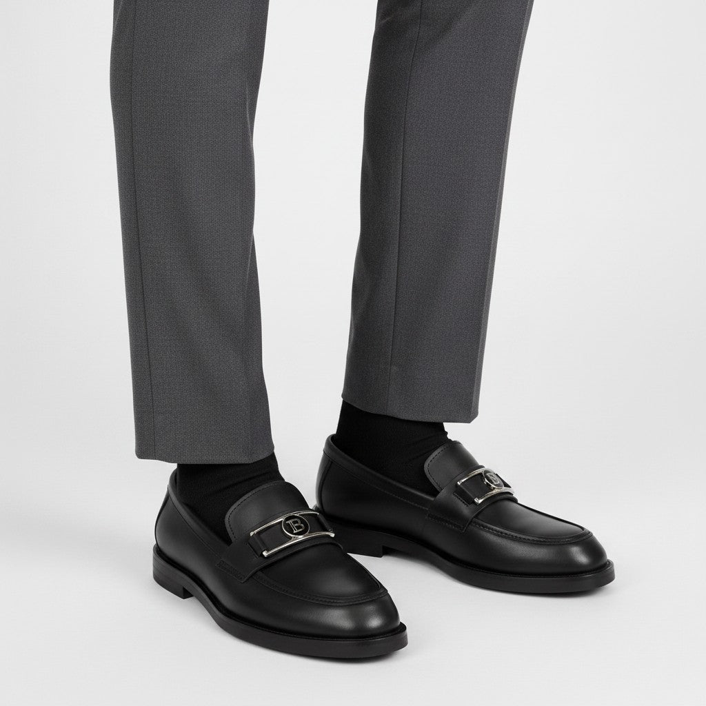 Men's Black Smooth Leather Penny Loafers with Silver Metal Badge Hardware