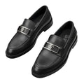 Men's Black Smooth Leather Penny Loafers with Silver Metal Badge Hardware