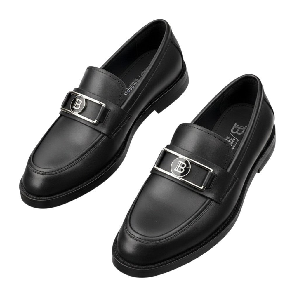 Men's Black Smooth Leather Penny Loafers with Silver Metal Badge Hardware