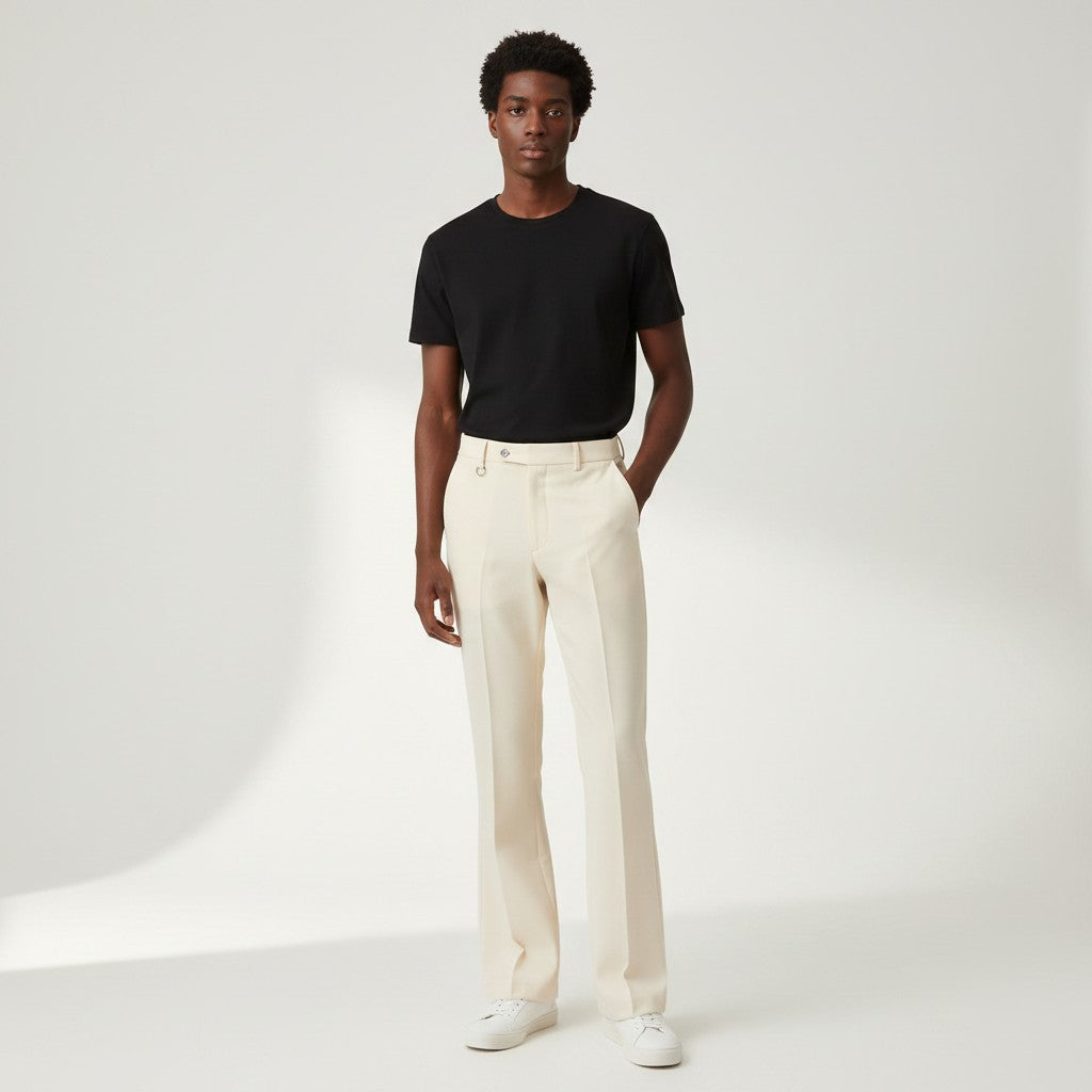 Men's Cream Wide-Leg Palazzo Plain Trousers