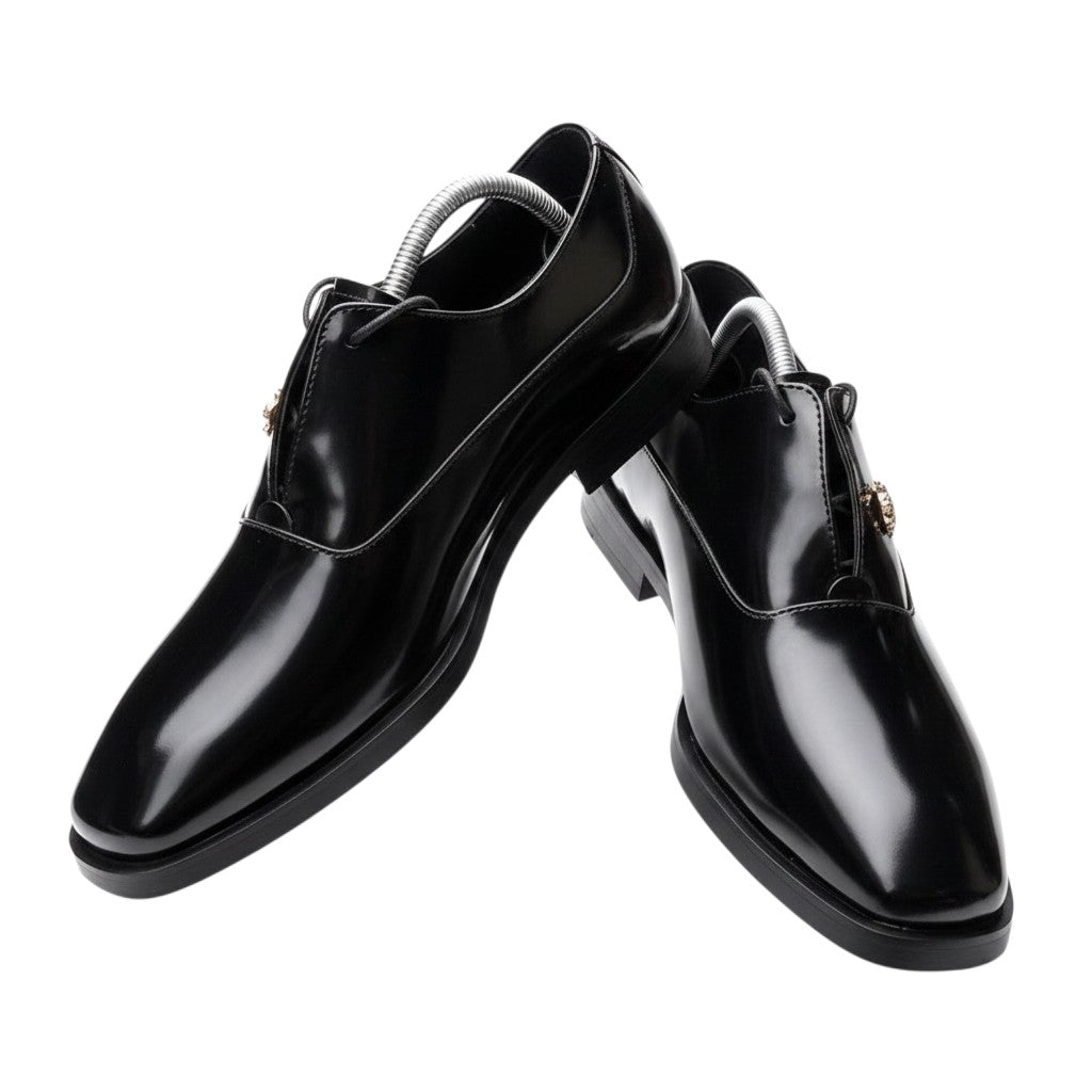 Square-Toe Patent Penny Loafer Black Silver