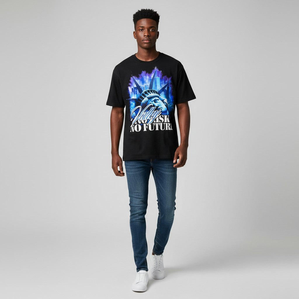 Men's Black No Risk No Future Airbrushed Graphic Oversized Tee