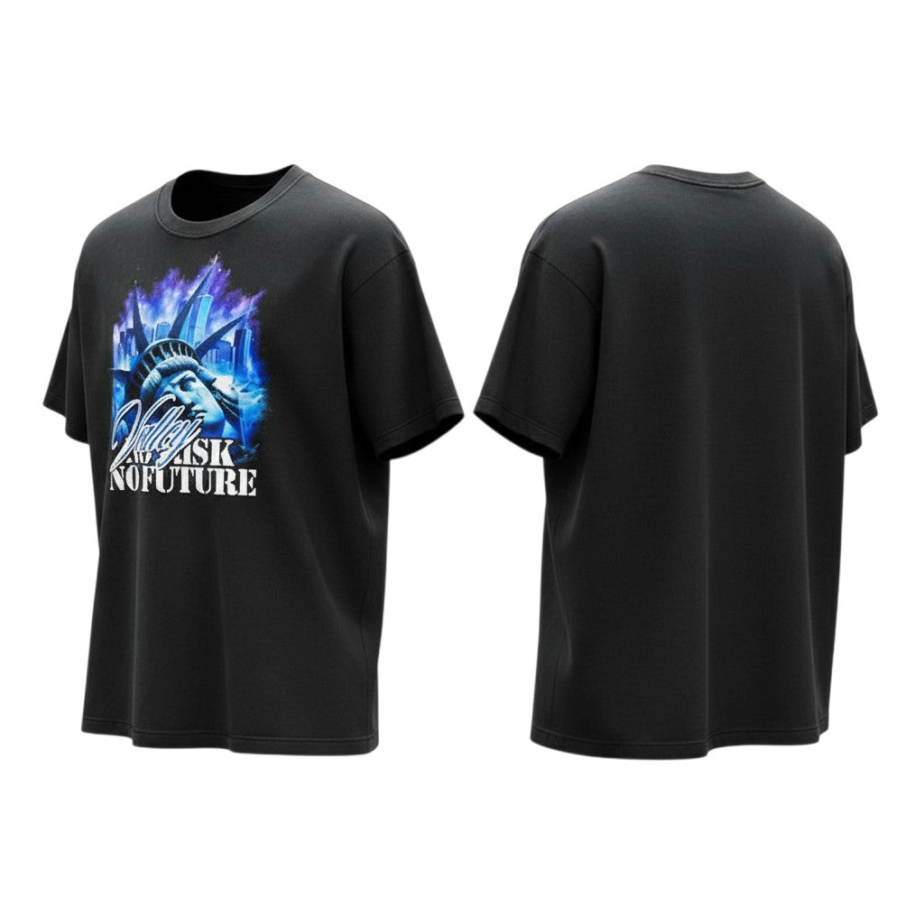 Men's Black No Risk No Future Airbrushed Graphic Oversized Tee