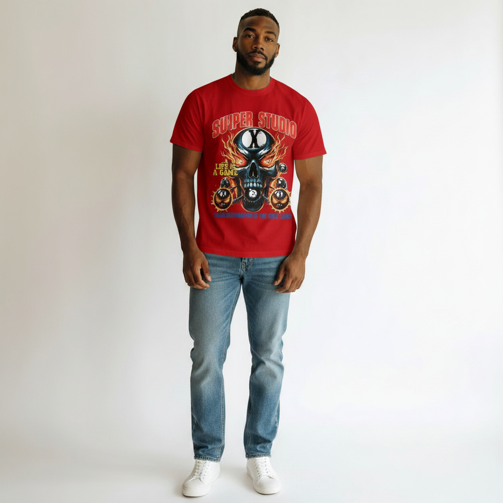 Men's Red Suiper Studio Skull Graphic Oversized T-Shirt
