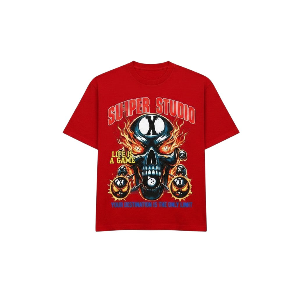 Men's Red Suiper Studio Skull Graphic Oversized T-Shirt