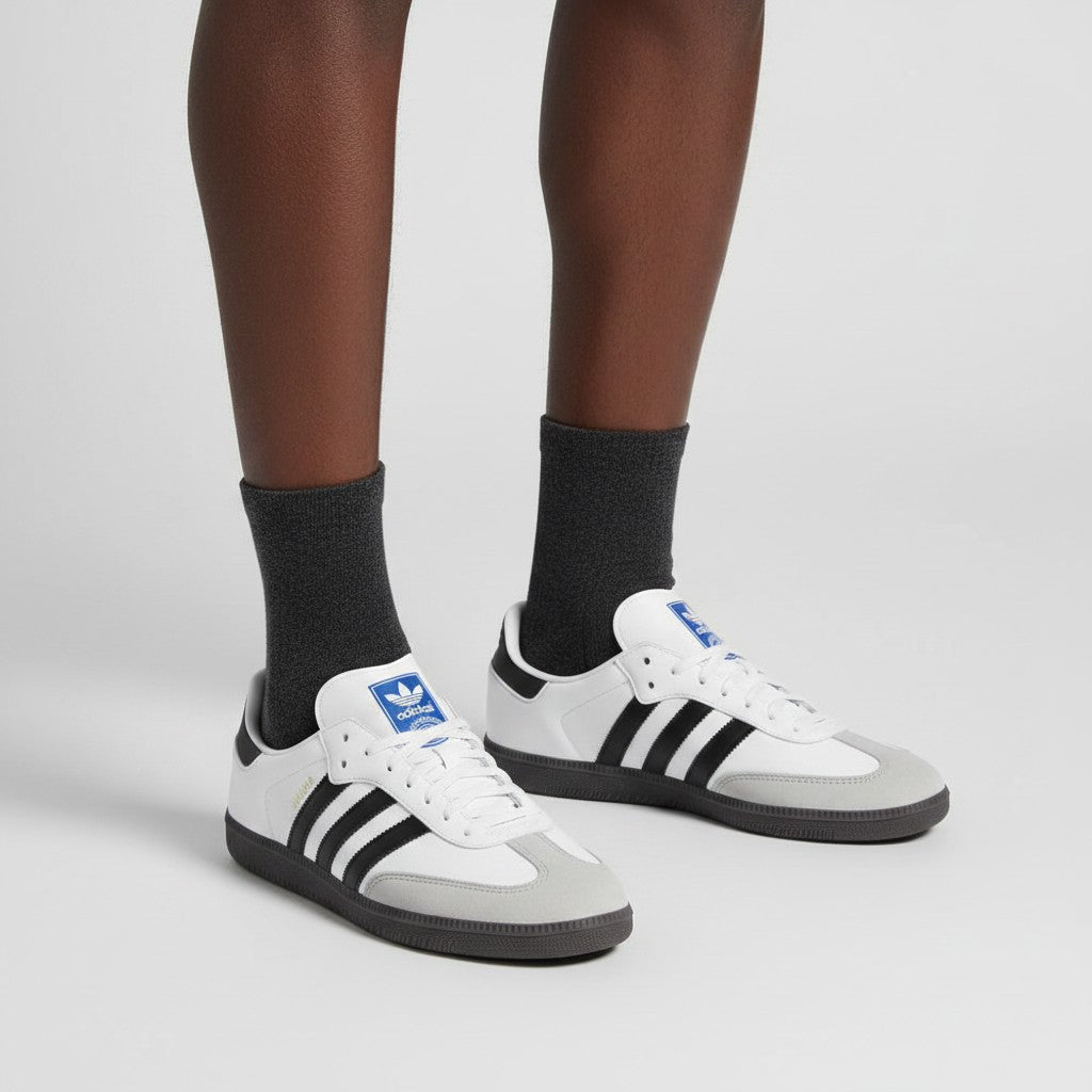 Men's White Leather Low-Top Sneakers with Black Side Stripes and Gum Sole