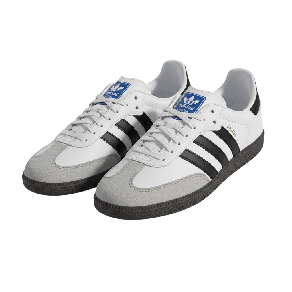 Men's White Leather Low-Top Sneakers with Black Side Stripes and Gum Sole