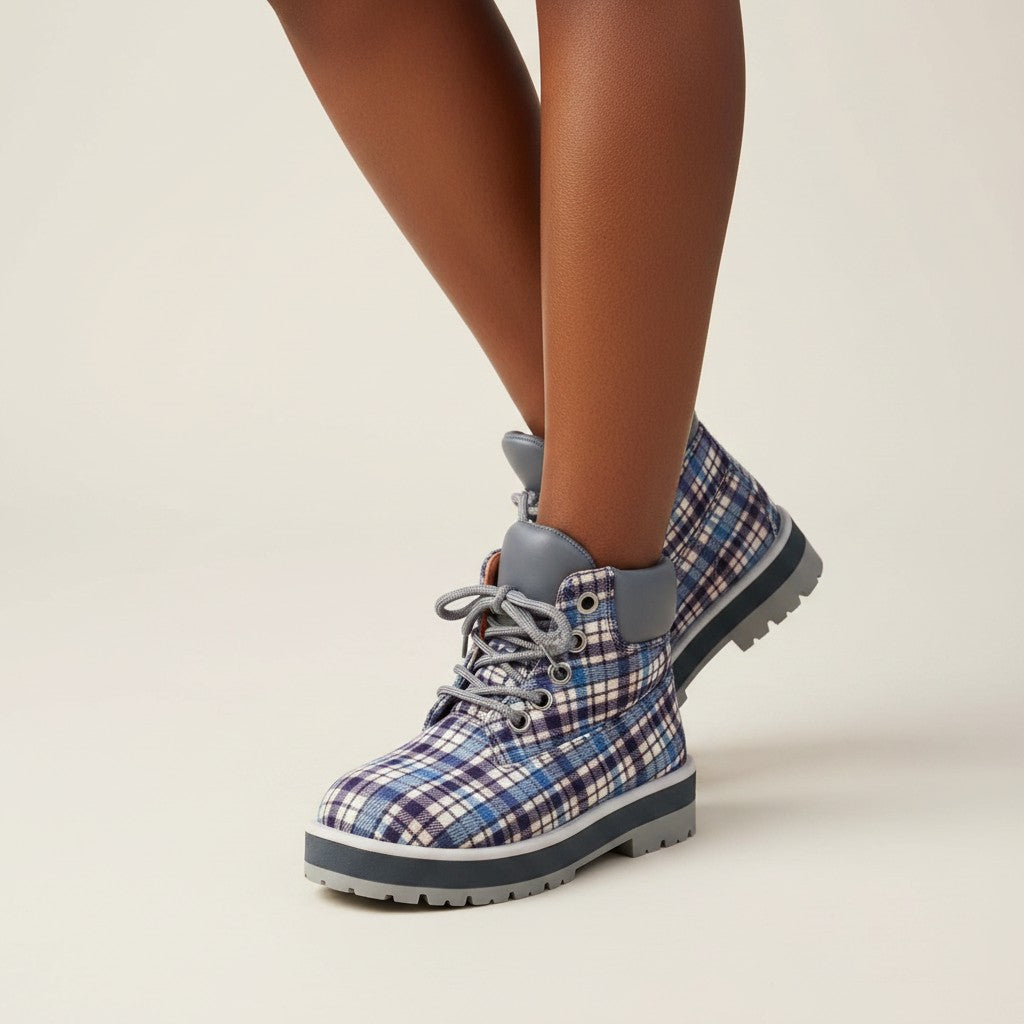 Men's Blue Plaid Tartan Lace-Up Ankle Boots