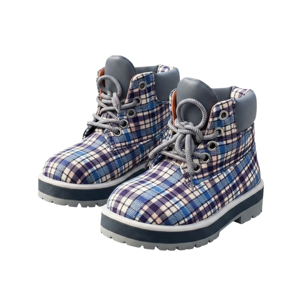 Men's Blue Plaid Tartan Lace-Up Ankle Boots