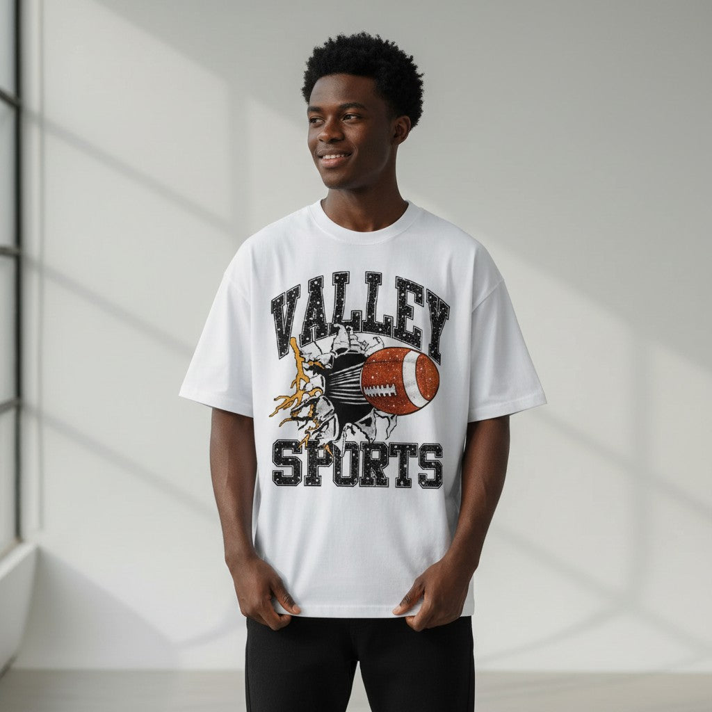 Men's White Valley Sports Varsity Football Graphic Oversized Tee