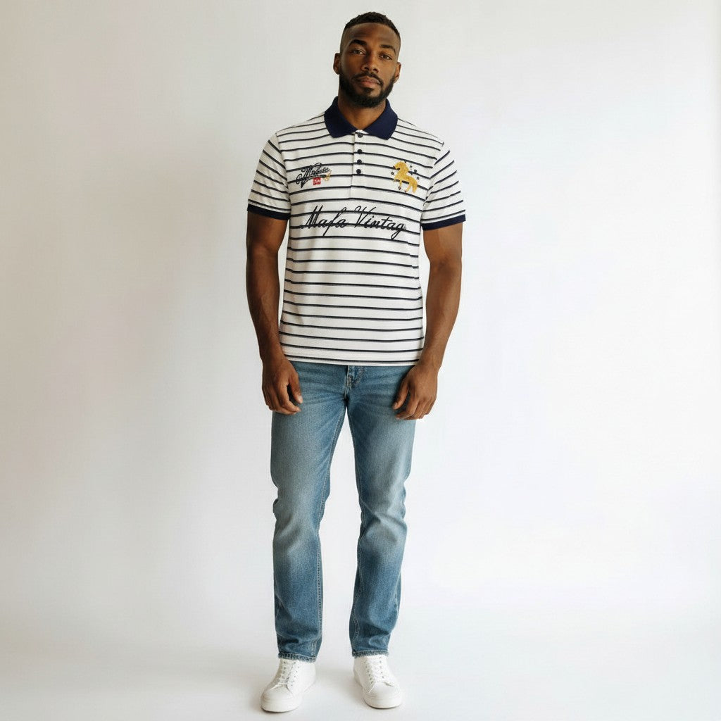 Men's White & Navy Striped Vintage Script Polo Shirt