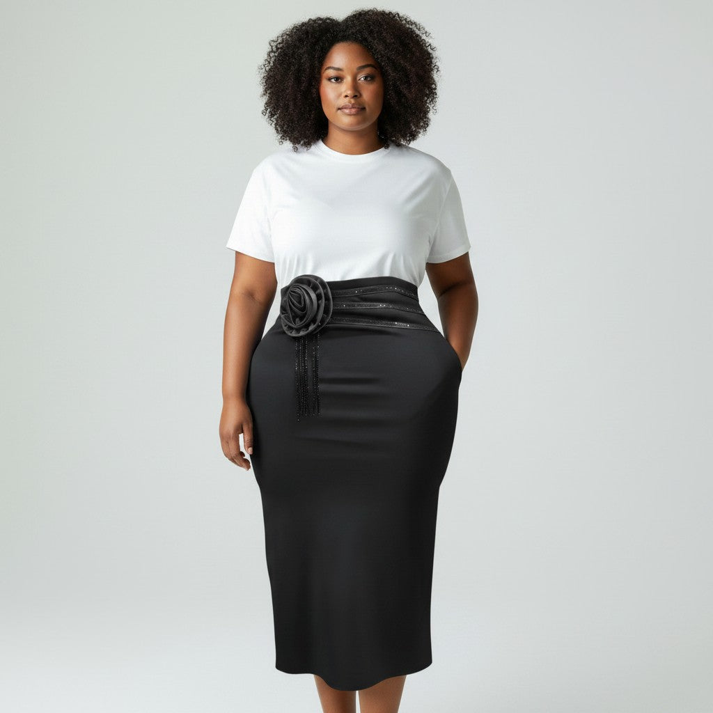 Women's Black Rosette & Crystal Fringe High-Waist Midi Pencil Skirt