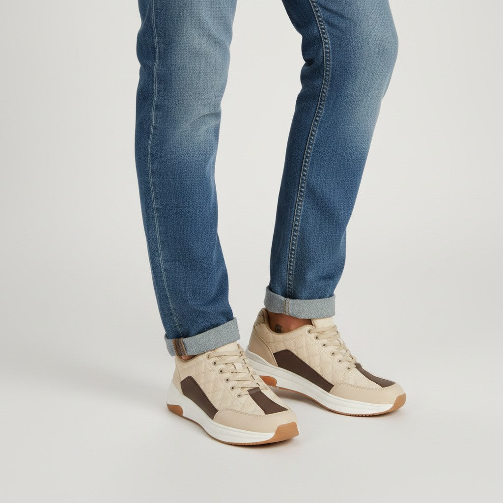 Men's Cream Quilted Lace-Up Low-Top Sneaker