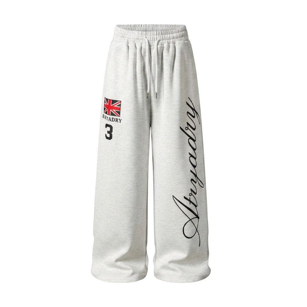 Cursive Script Embroidery Wide-Leg Jogger Pants with Flag Patch