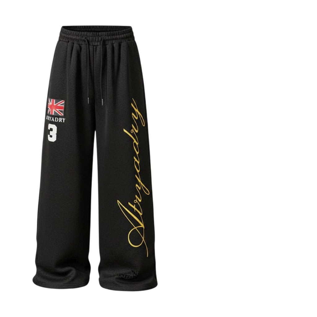 Cursive Script Embroidery Wide-Leg Jogger Pants with Flag Patch