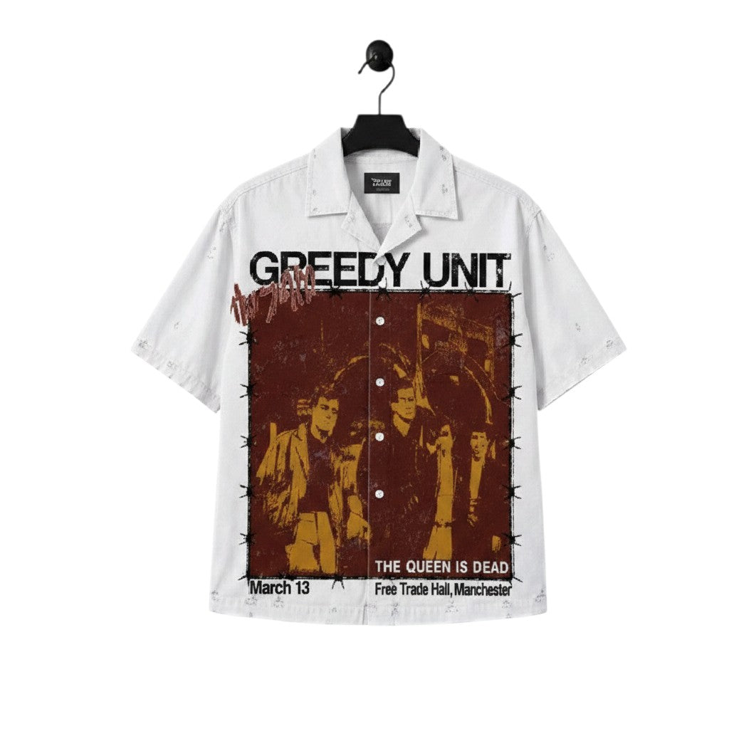 Men's White Vintage Poster Print Cuban Collar Shirt