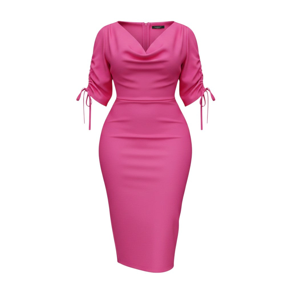 Women's Hot Pink V-Neck Ruched Sleeve Bodycon Midi Dress