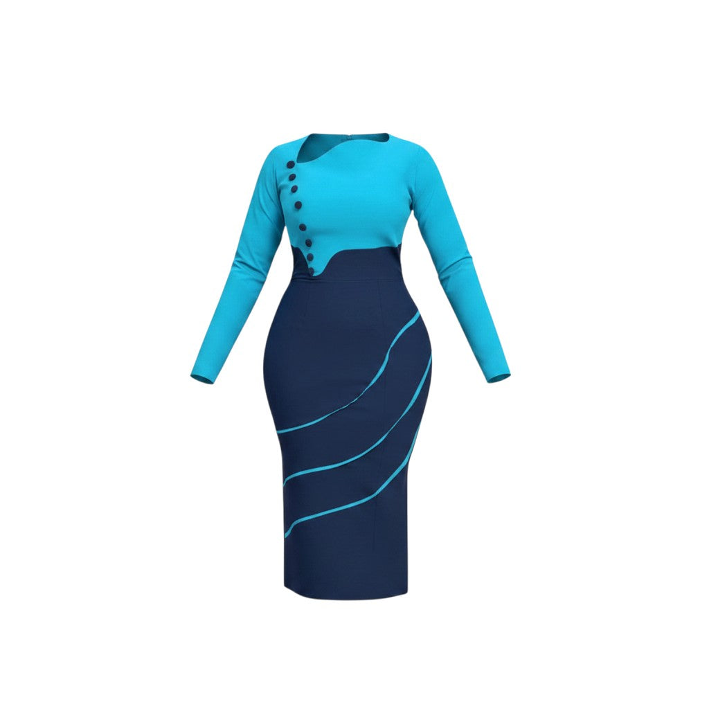 Women's Cyan & Navy Colour Block Stripe Trim Bodycon Midi Dress