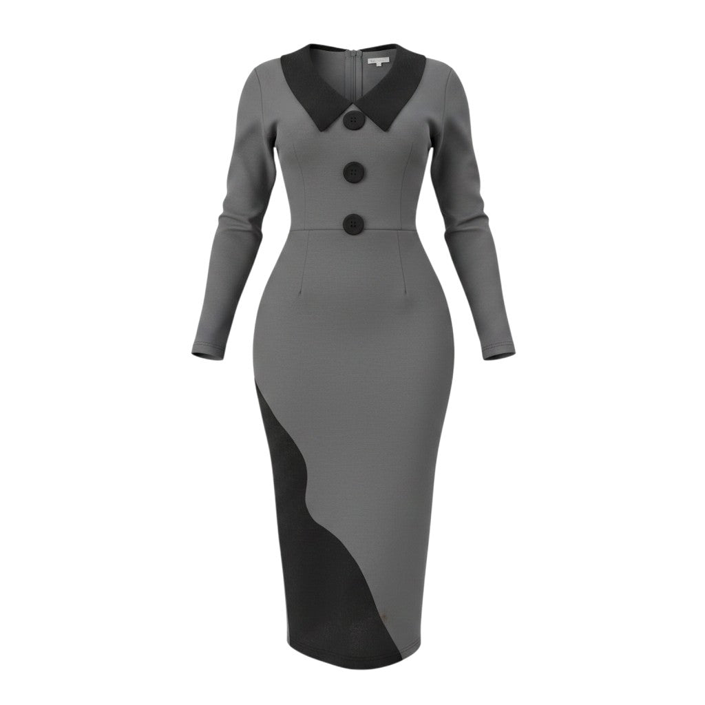 Women's Grey & Black Contrast Panel Bodycon Midi Dress