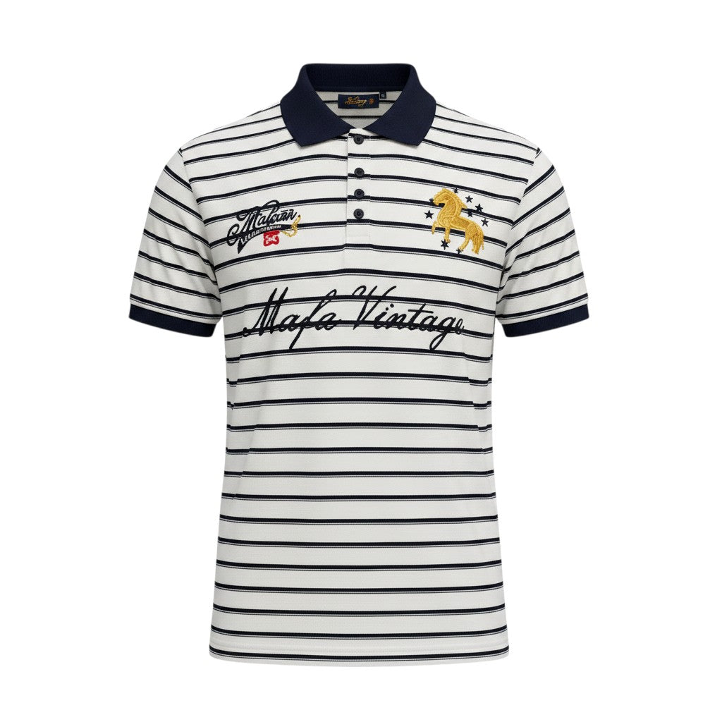 Men's White & Navy Striped Vintage Script Polo Shirt