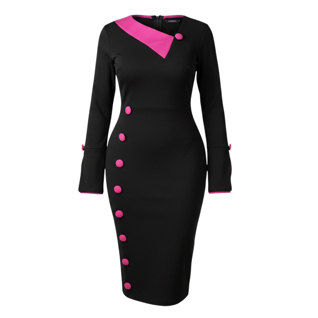 Women's Black & Fuchsia Button Detail Bodycon Midi Dress