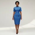 Women's Royal Blue Mandarin Collar Pocket Detail Bodycon Midi Dress