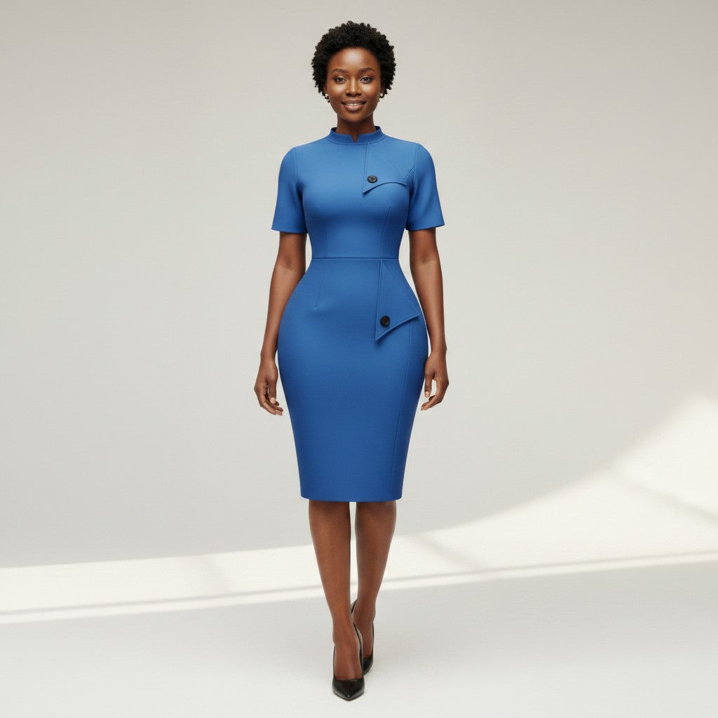 Women's Royal Blue Mandarin Collar Pocket Detail Bodycon Midi Dress