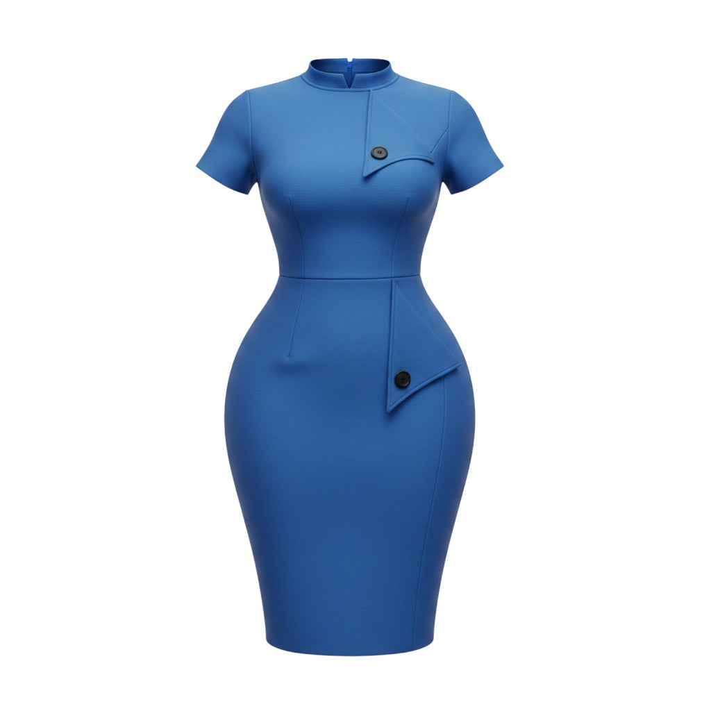 Women's Royal Blue Mandarin Collar Pocket Detail Bodycon Midi Dress