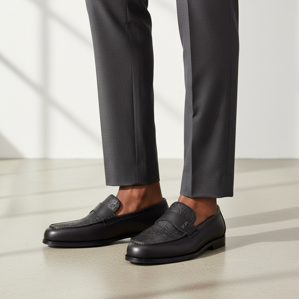 Men's Black Embossed Monogram Leather Penny Loafers