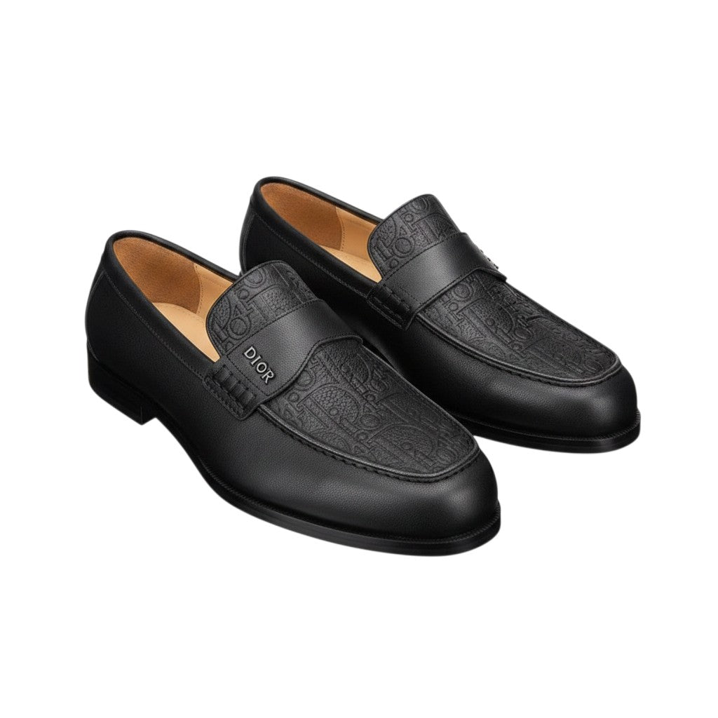 Men's Black Embossed Monogram Leather Penny Loafers