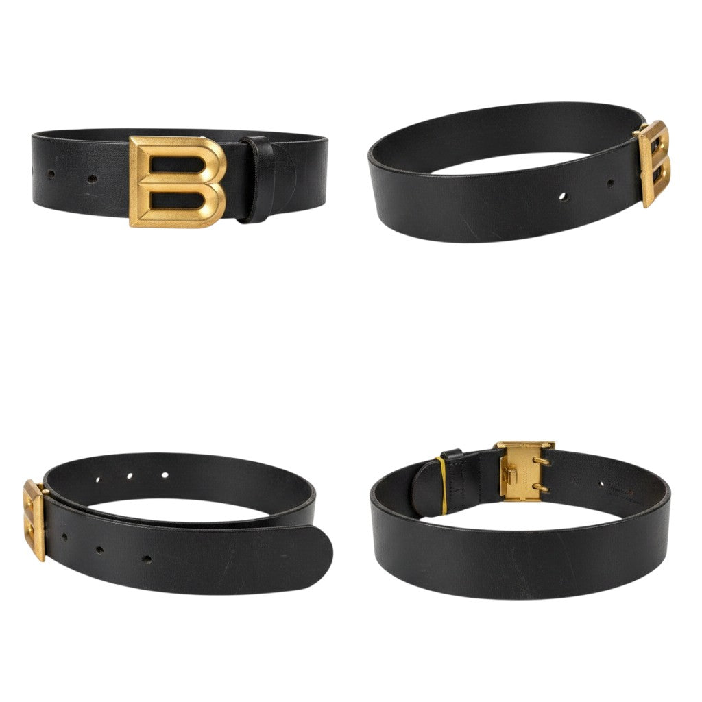 Black Leather Gold B Initial Buckle Men's Belt