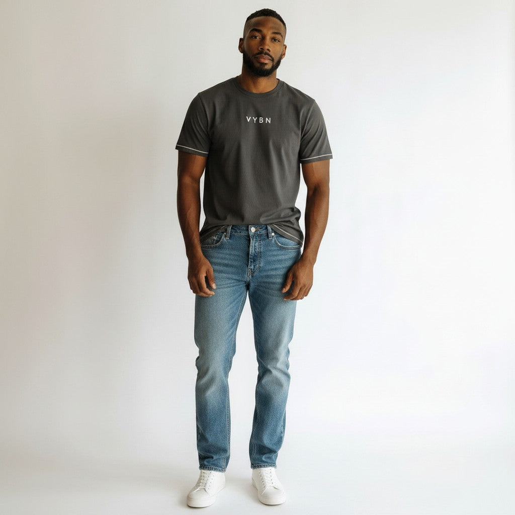 Men's Charcoal Grey Oversized Minimal Print Round Neck T-Shirt
