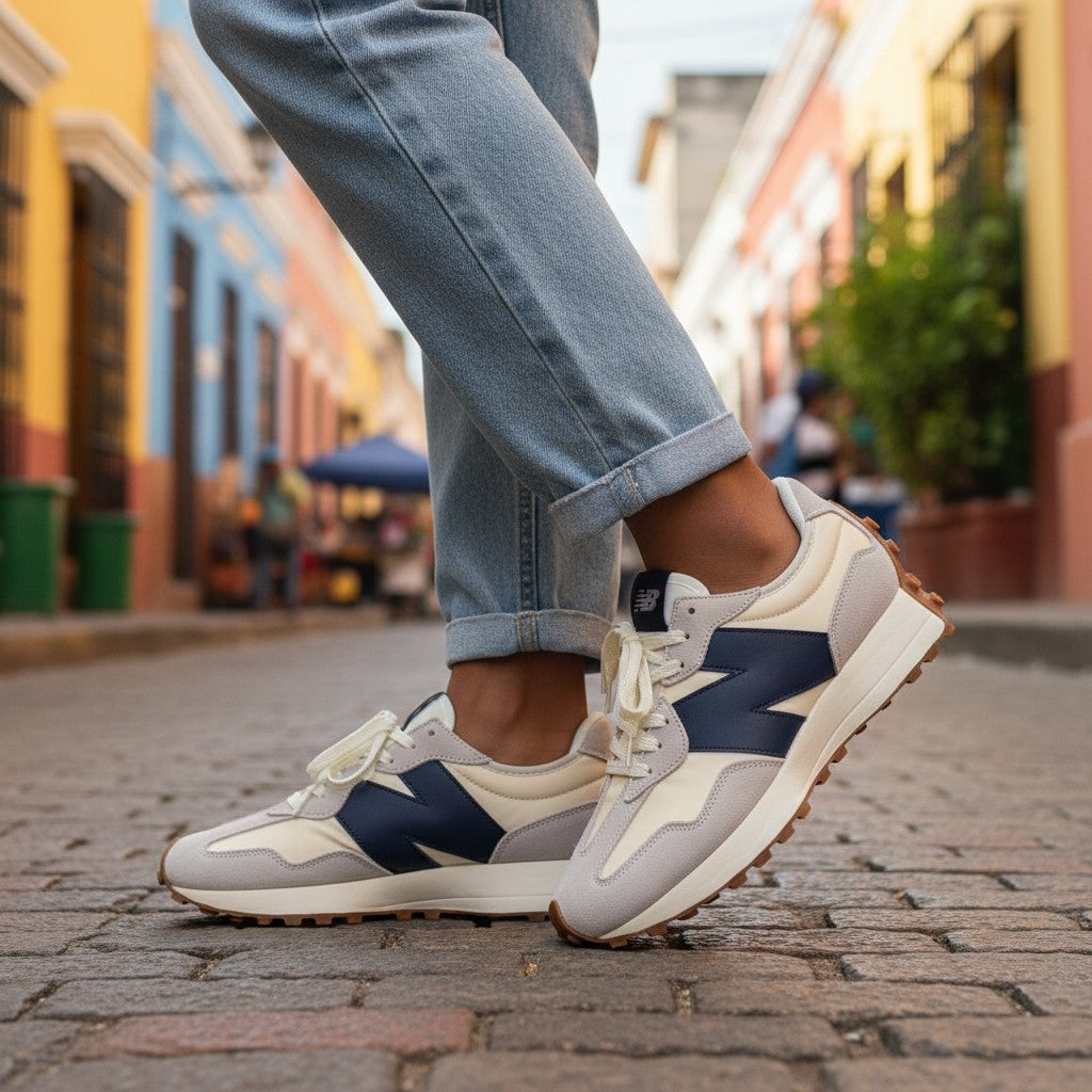 Cream & Navy Retro N-Logo Low-Top Sneakers