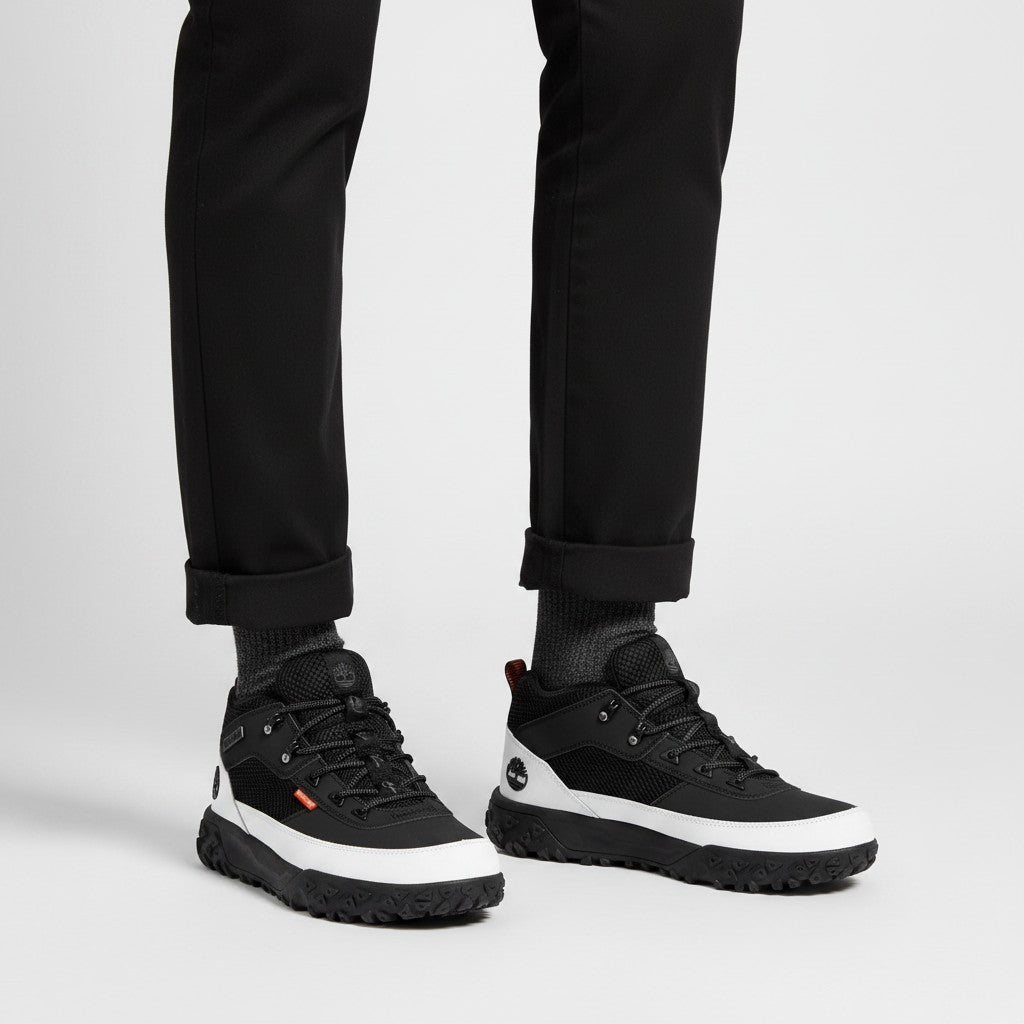 Men's Black & White Mid-Top Trail Sneakers with Mesh Upper and Lug Sole