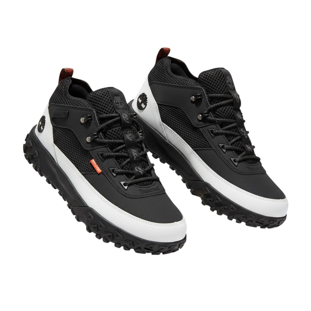 Men's Black & White Mid-Top Trail Sneakers with Mesh Upper and Lug Sole