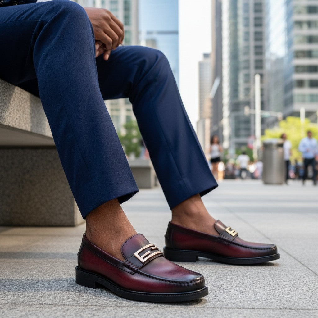 Men's Burgundy/Wine  FF-Logo Leather Dress Loafer