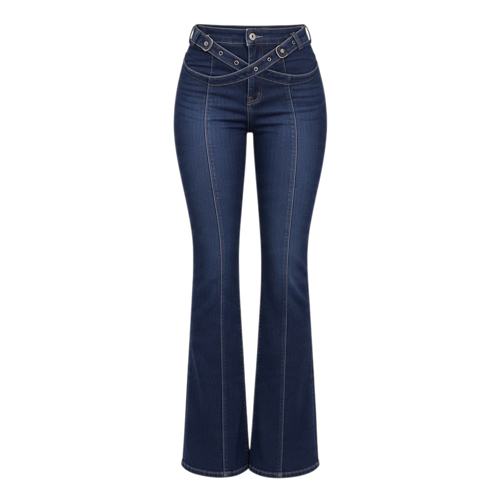 Dark-Wash Crossover Waist Flared Jeans