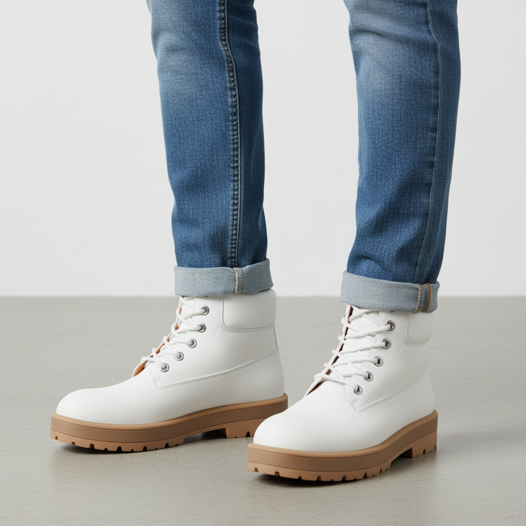 Men's All-White Leather Ankle Boots with Gum Sole