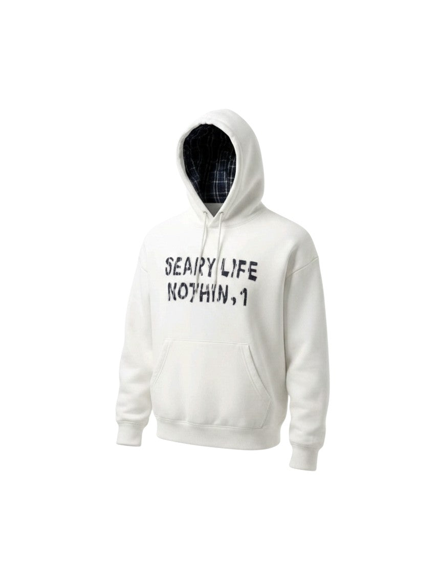 De Long Seary Life Plaid-Lined Pullover Hoodie – White